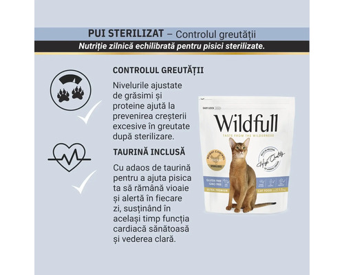 Grafic informativ pentru hrana de pisici sterilizate Wildfull cu controlul greutății și taurină pentru sănătatea inimii și a vederii.