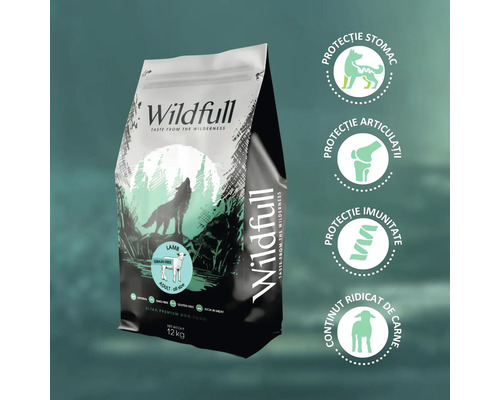 Hrană câini Wildfull Ultra Premium miel, 12 kilograme, fără cereale, adulți, protecție stomac articulații imunitate, conținut ridicat carne.