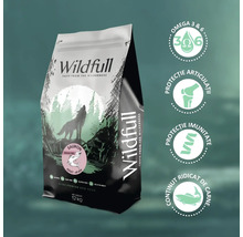 Hrană Wildfull cu somon, fără cereale, 12 kilograme. Simboluri pentru omega 3 și 6, protecția articulațiilor, a imunității și conținut de carne.