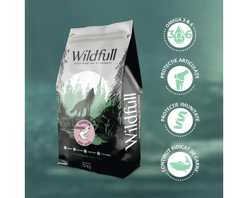Hrană Wildfull cu somon, fără cereale, 12 kilograme. Simboluri pentru omega 3 și 6, protecția articulațiilor, a imunității și conținut de carne.