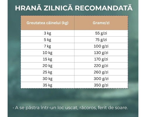 Tabel cu recomandările de hrănire zilnică pentru câini în funcție de greutatea corporală în kilograme.