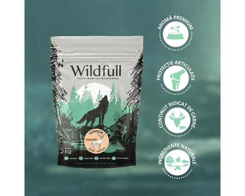 Hrană uscată pentru câini adulți de talie mică Wildfull cu vânat, 2 kilograme, fără cereale, protecție articulații și ingrediente naturale.