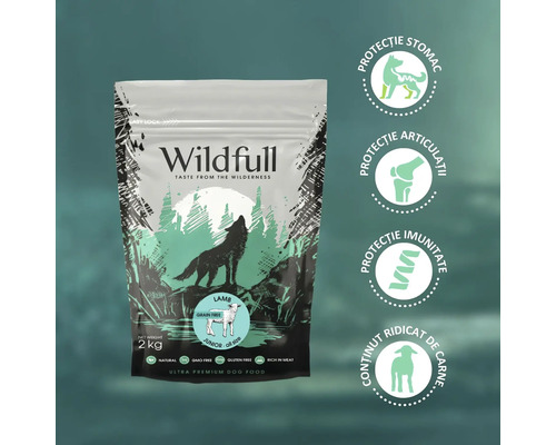Hrană pentru câini Wildfull Ultra Premium Junior Miel 2 kilograme. Protecție stomac, articulații, imunitate și conținut ridicat de carne.