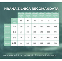 Tabel cu recomandări pentru hrana zilnică a câinilor în grame pe zi în funcție de vârsta în luni și greutatea în kilograme.