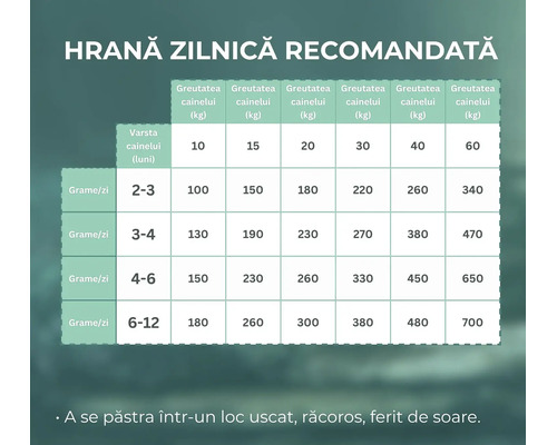 Tabel cu recomandări pentru hrana zilnică a câinilor în grame pe zi în funcție de vârsta în luni și greutatea în kilograme.