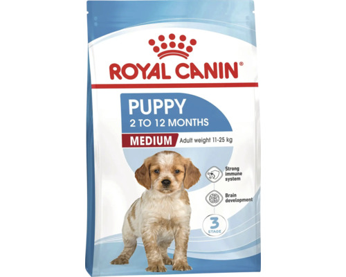 Royal Canin Puppy Medium hrană pentru căței de 2 până la 12 luni, pentru o greutate la vârsta adultă de 11 până la 25 kilograme.