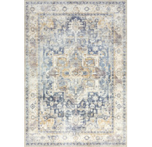 Covor dreptunghiular în albastru și crem cu model oriental vintage, aspect uzat cu medalion central și bordură.