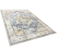 Covor dreptunghiular cu model vintage oriental, țesut, cu fir scurt, în nuanțe de albastru și bej.