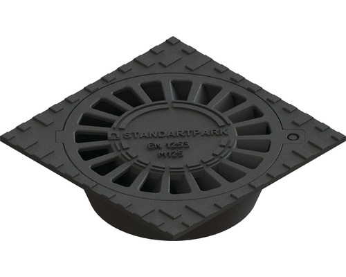 Sifon terasă fontă VODALAND grătar fontă 300x300 mm ieșire verticală Ø 110 mm Gură de scurgere din plastic cu formă pătrată