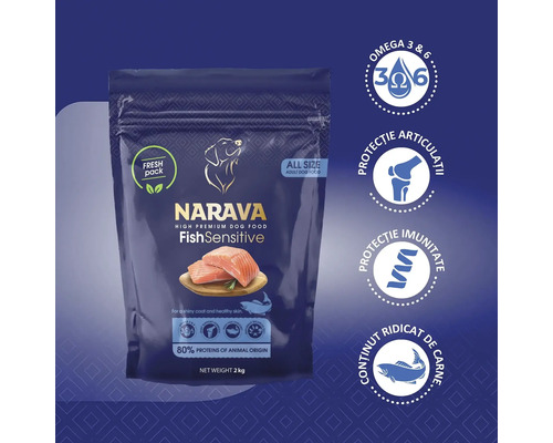 Hrană pentru câini Narava High Premium Fish Sensitive, 2 kilograme, hrană uscată pentru câini adulți cu pește, omega 3 și 6.