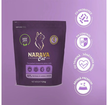 Hrană Narava Cat High Premium pentru pisici sterilizate, pui, 1,5 kilograme. Simboluri pentru probiotice, control pH, sănătate cardiacă și aromă premium.