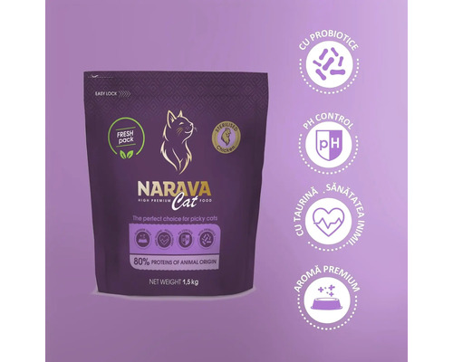 Hrană Narava Cat High Premium pentru pisici sterilizate, pui, 1,5 kilograme. Simboluri pentru probiotice, control pH, sănătate cardiacă și aromă premium.