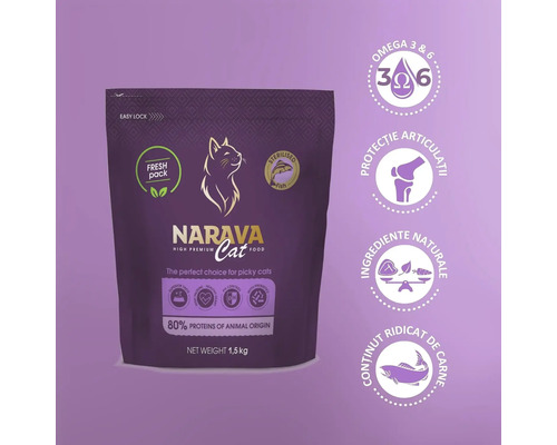 Hrană pentru pisici Narava Cat pentru pisici sterilizate, pește, 1,5 kilograme, conține omega 3 și 6, protecție articulară și ingrediente naturale.
