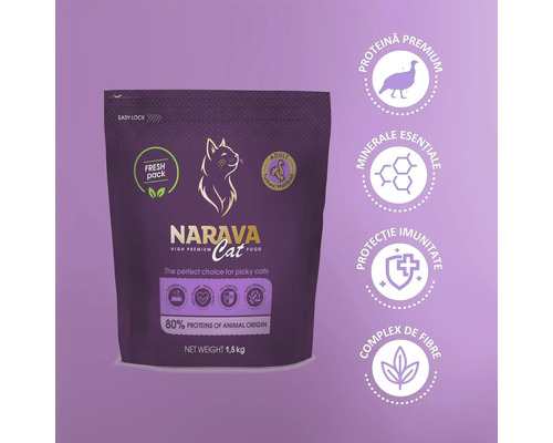 Hrană premium pentru pisici adulte Narava Cat cu curcan, 1,5 kilograme. Conține proteine premium, minerale esențiale și complex de fibre.