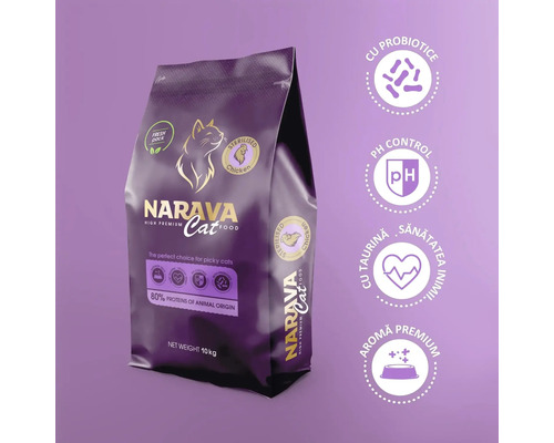 Hrană Narava Cat High Premium pentru pisici sterilizate cu pui, 10 kilograme, 80 la sută proteine animale, cu probiotice și taurină.