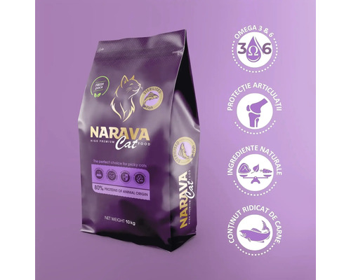 Hrană Narava pentru pisici sterilizate cu pește, 10 kilograme, omega 3 și 6, protecție articulară, ingrediente naturale și conținut ridicat de carne.