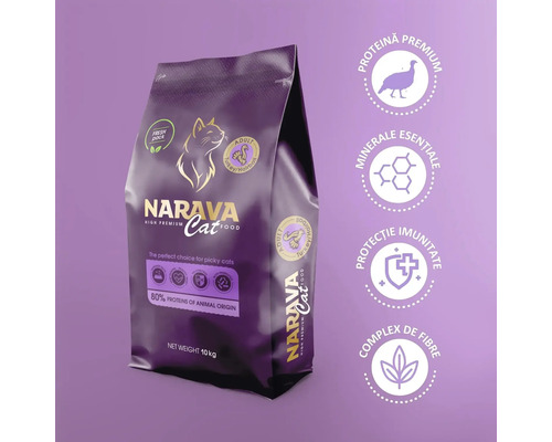 Hrană pentru pisici Narava Cat, curcan și hairball, pachet de 10 kilograme, adult, proteine premium și minerale esențiale