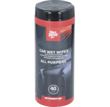 Logo Dirt Devil pe un recipient cu 40 de bucăți de șervețele umede universale pentru mașină.