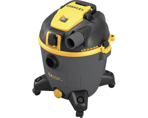 Aspirator umed și uscat Stanley SX35P TD cu priză integrată, roți și mâner de transport.