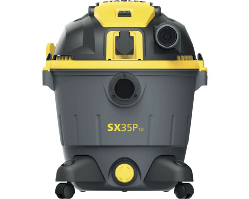 Aspirator umed si uscat Stanley SX35P TD cu role, maner de transport si priza integrata.