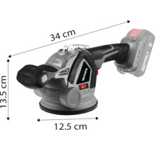 Ventuză cu acumulator Graphite cu dimensiuni: lungime 34 centimetri, înălțime 13,5 centimetri, diametru 12,5 centimetri.