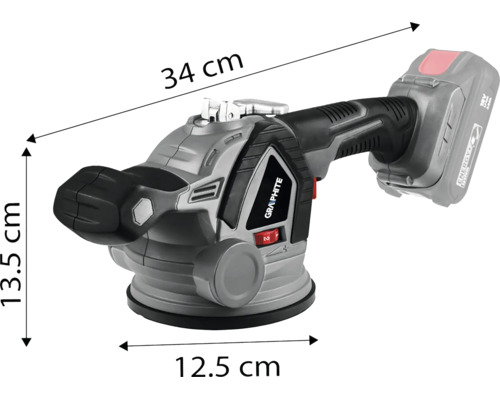 Ventuză cu acumulator Graphite cu dimensiuni: lungime 34 centimetri, înălțime 13,5 centimetri, diametru 12,5 centimetri.