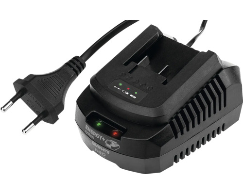 Încărcător pentru acumulatori din sistemul Energy Plus de la Graphite Neo Tools cu ștecher și indicator pentru starea de încărcare.