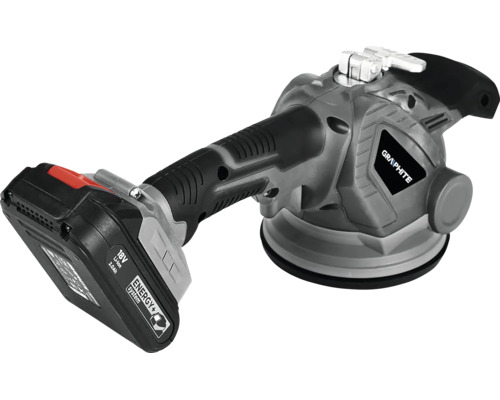 Ventuză cu acumulator și vibrator Graphite pentru plăci ceramice, sistem 18 Volți Energy+, cu mâner ergonomic și disc de aspirare rotund.