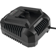 Încărcător negru pentru acumulatori de scule electrice din plastic, cu fante de ventilație, indicatoare de stare și cablu de alimentare.
