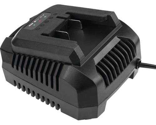 Încărcător negru pentru acumulatori de scule electrice din plastic, cu fante de ventilație, indicatoare de stare și cablu de alimentare.