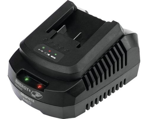 Încărcător pentru acumulatori Graphite Energy Plus NEO Tools din plastic cu indicator al stării de încărcare.