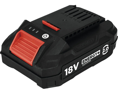 Acumulator litiu-ion 18 Volți Energy Plus System negru-roșu cu o capacitate de 2,0 Amperi-oră și indicator de încărcare.
