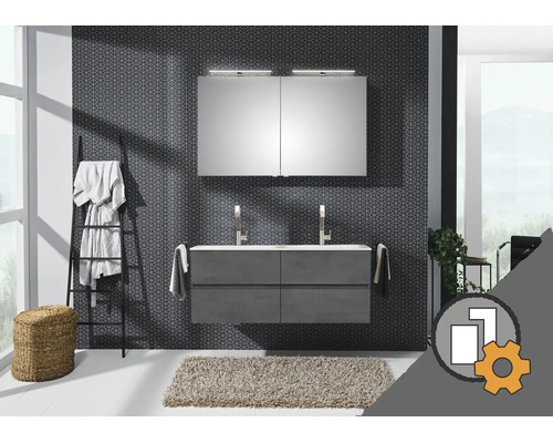 Baie modernă cu mobilier de lavoar dublu, dulap cu oglindă și iluminare, perete cu model, scară pentru prosoape și simbol de configurator.
