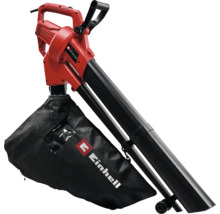 Aspirator și suflantă electrică pentru frunze Einhell, cu sac de colectare negru și role de ghidare.