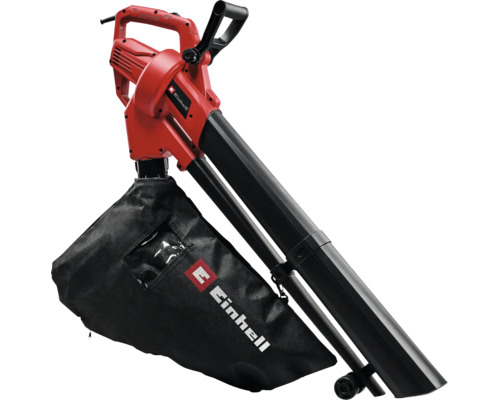 Aspirator și suflantă electrică pentru frunze Einhell, cu sac de colectare negru și role de ghidare.