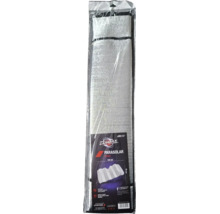 Parasolar auto pliabil argintiu, 150 pe 70 centimetri, în ambalaj transparent.