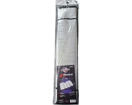 Parasolar auto pliabil argintiu, 150 pe 70 centimetri, în ambalaj transparent.