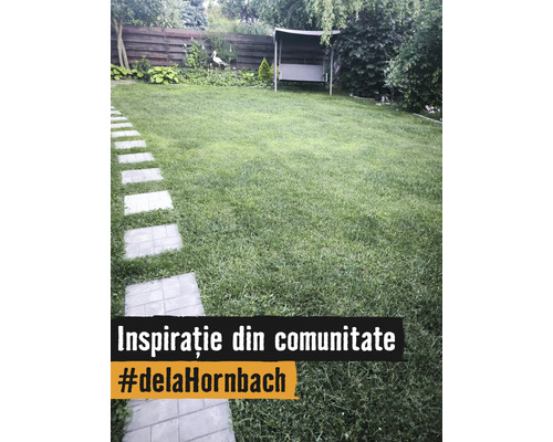 Grădină bine întreținută cu un gazon mare, o alee din dale pătrate, o balansoar de grădină și un gard din lemn.