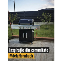 Grătar pe gaz Landmann pe o terasă pavată, cu grădina în fundal.
