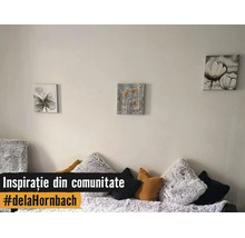 Decorațiune de perete cu trei tablouri pătrate cu motive cu fluturi și flori deasupra unei canapele cu perne pufoase și netede.