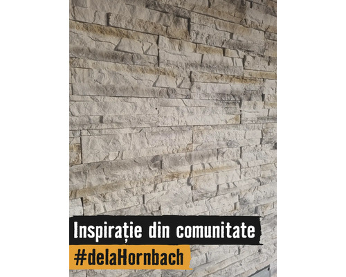 Perete cu placaje din piatră structurată cu aspect de piatră naturală ca inspirație din comunitatea Hornbach.