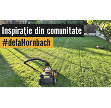 Gazon bine întreținut cu o mașină de tuns iarba și un robot de tuns gazonul. Text Inspirație din comunitate hashtag de la Hornbach.