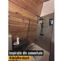 Baie modernă cu pereți din lemn, cabină de duș cu baterii negre și plăci metalice texturate.
