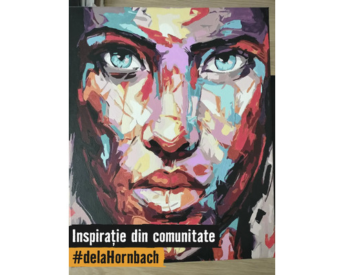 Pictură abstractă pe pânză reprezentând un chip expresiv, inspirație din comunitatea Hornbach.