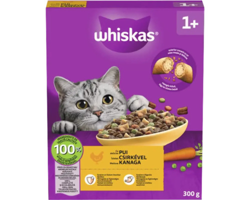 Hrană uscată Whiskas cu pui pentru pisici de peste 1 an, 300 grame, susține sistemul imunitar și digestia.
