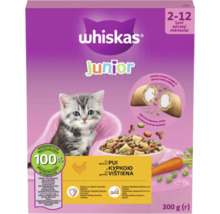 Whiskas Junior hrană uscată pentru pui de pisică cu pui, 300 grame, pentru pui de pisică de la 2 la 12 luni, cu pernuțe umplute cu lapte.