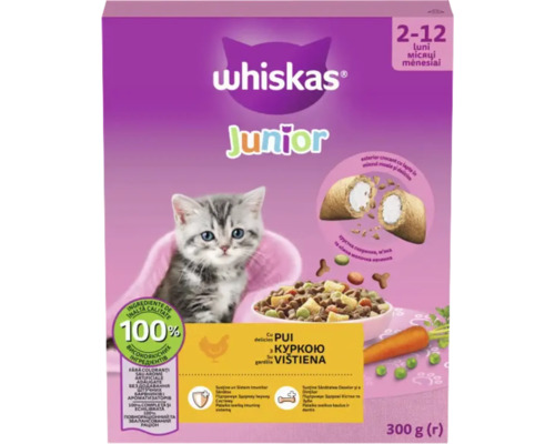 Whiskas Junior hrană uscată pentru pui de pisică cu pui, 300 grame, pentru pui de pisică de la 2 la 12 luni, cu pernuțe umplute cu lapte.