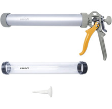 Pistol pentru cartușe Precit din aluminiu și plastic cu tub de rezervă transparent și duză albă.