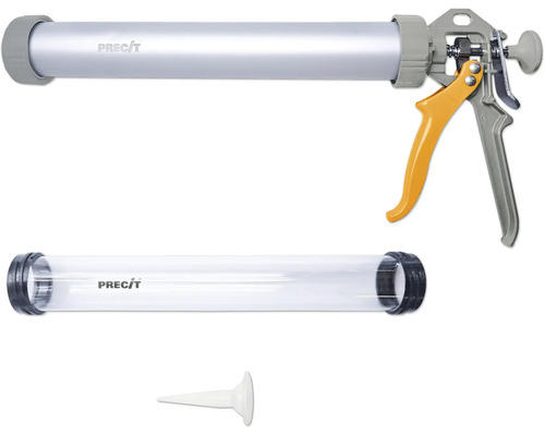 Pistol pentru cartușe Precit din aluminiu și plastic cu tub de rezervă transparent și duză albă.