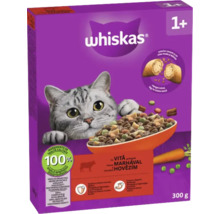 Hrană uscată Whiskas pentru pisici de peste 1 an cu vită, 300 grame, susține sănătatea dentară și digestia, conține pernuțe umplute și legume.